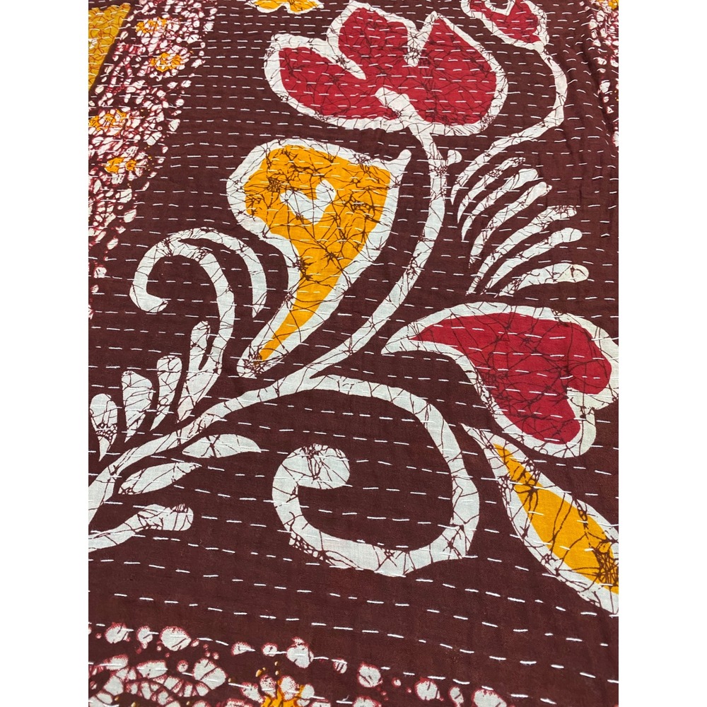 Handmade Indian Kantha Quilt Reversible Cotton Throw Blanket Red Yellow Paisley